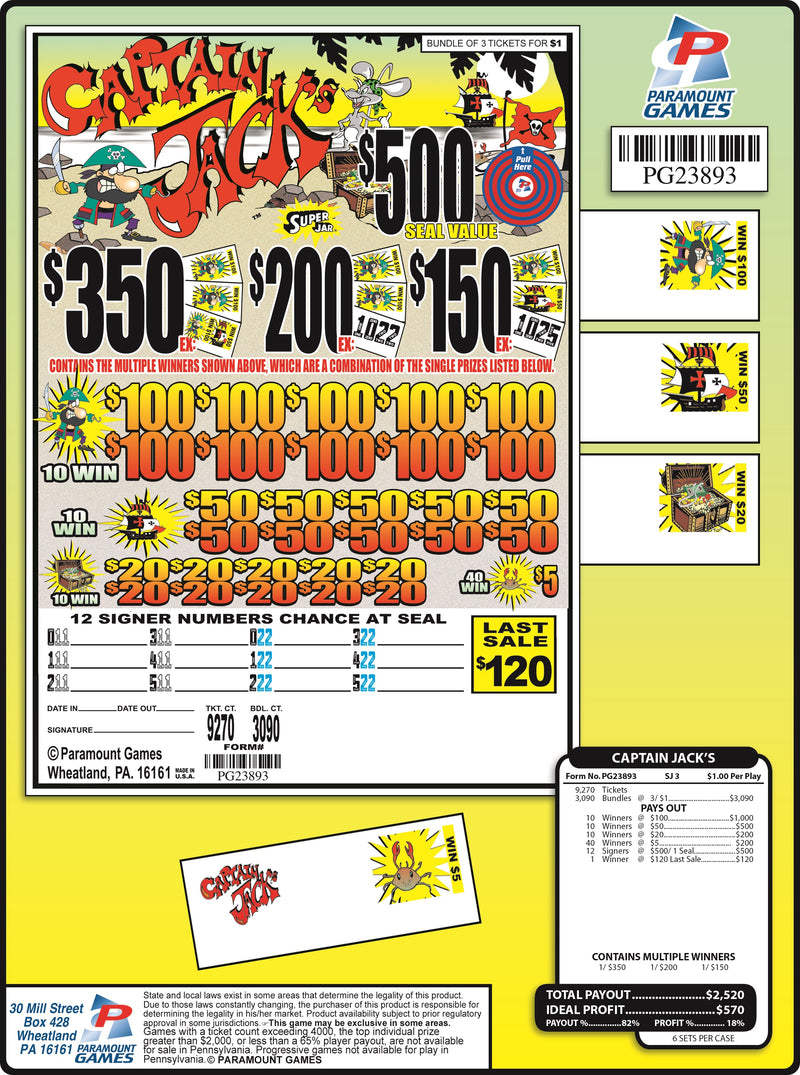Y - Jar/Paper Pull Tab Tickets - 9270 Count Captain Jack's