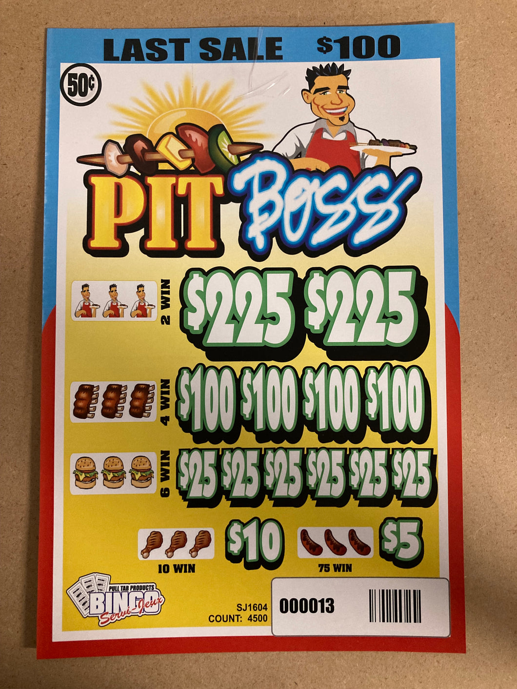 Y - Instant Pull Tab Tickets - 4500 Count - Pit Boss - Last Sale (.50)