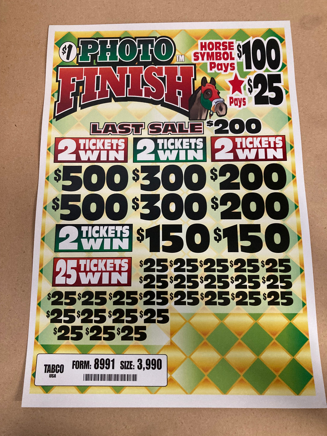 Y - Instant Pull tab Tickets - 3990 Count - Photo Finish Last Sale