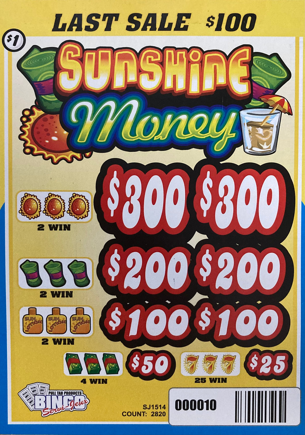 Y - Instant Pull Tab Tickets - 2820 Count - Sunshine Money (Last Sale)