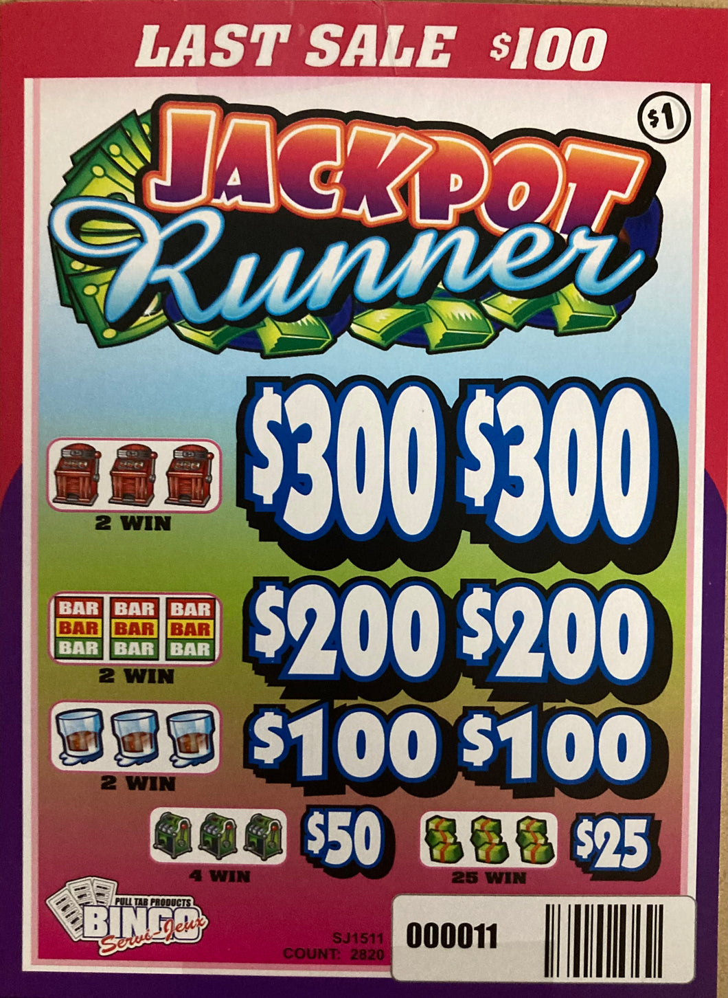 Y - Instant Pull Tab Tickets - 2820 Count - Jackpot Runner ( Last Sale)