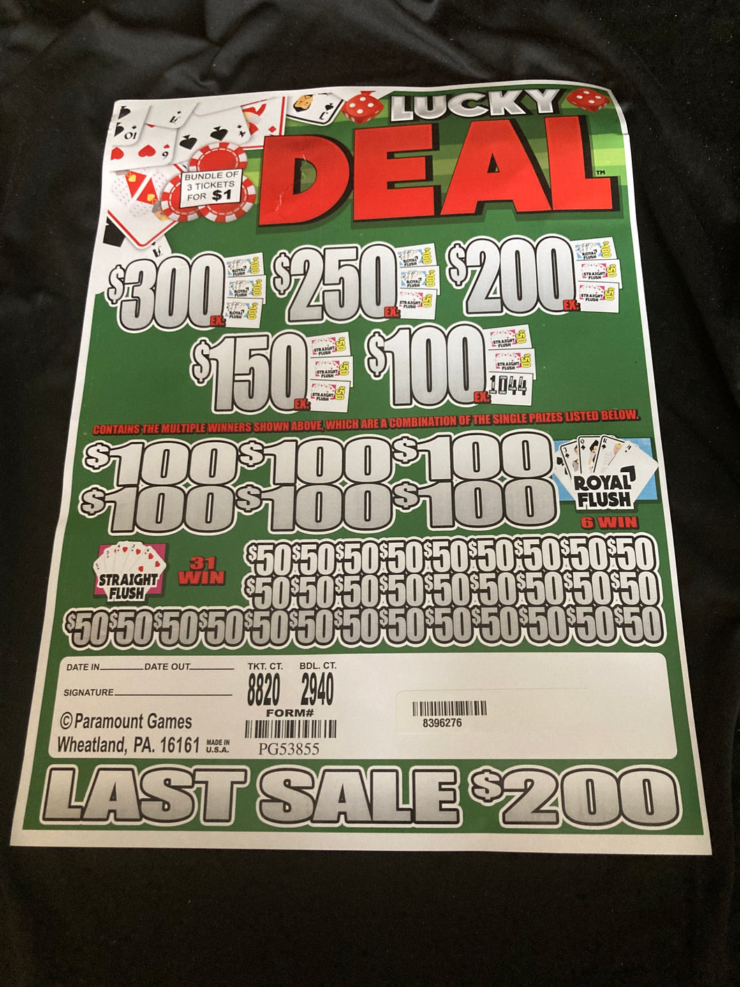 Y - Jar/Paper Pull Tab Tickets - Lucky Deal - $200 last sale