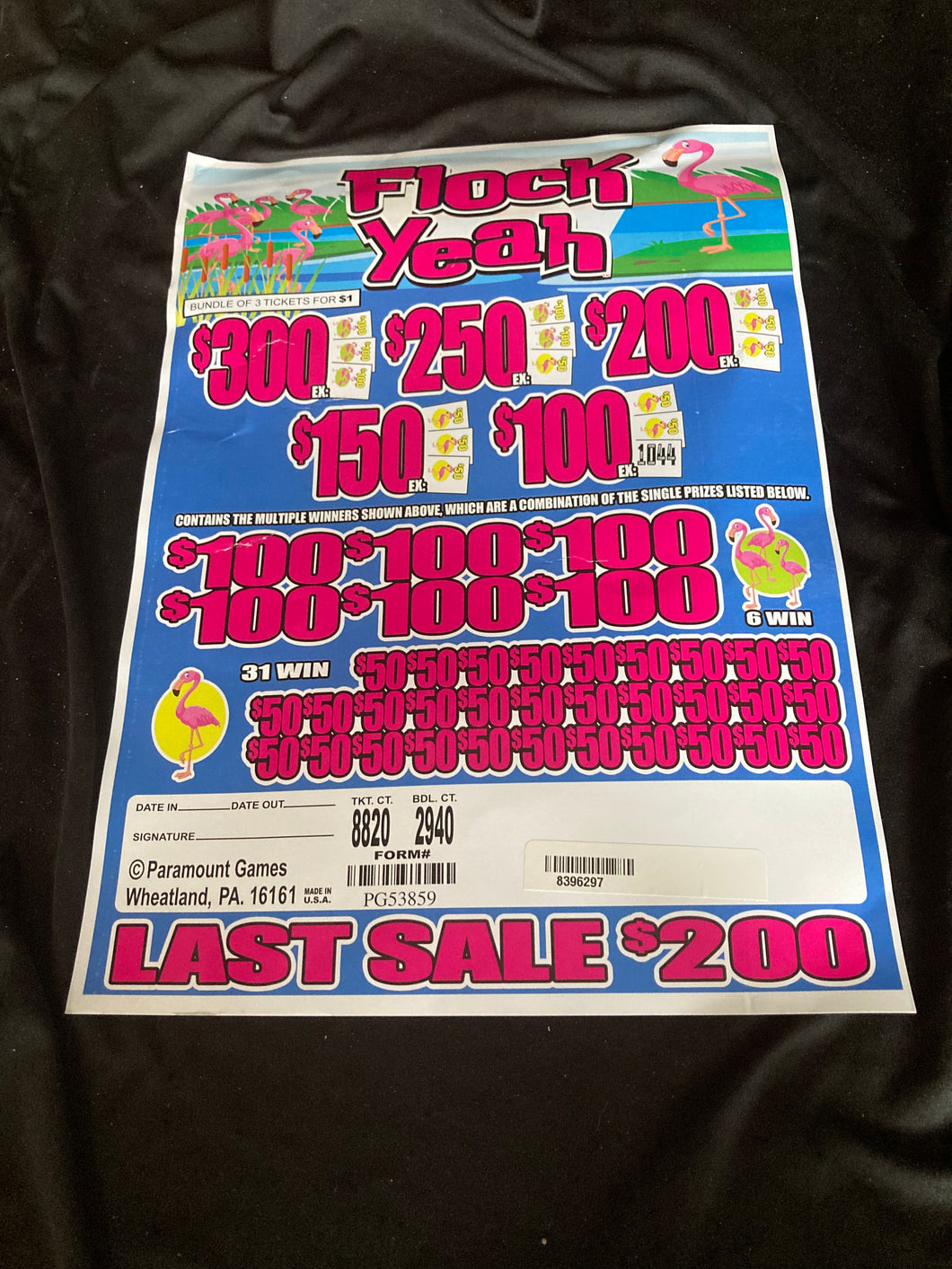 Y - Jar/Paper Pull Tab Tickets - Flock Yeah - $200 last sale