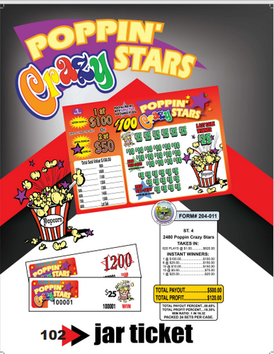 Y - Jar/Paper Pull Tab Tickets - 2480 Poppin' Crazy Stars (Stapled) *Limited Stock call for availability