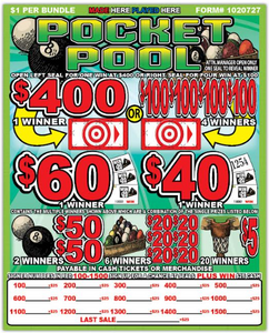 Y - Jar/Paper Pull Tab Tickets - 4158 Pocket Pool (Stapled) *Limited stock call for availabilty