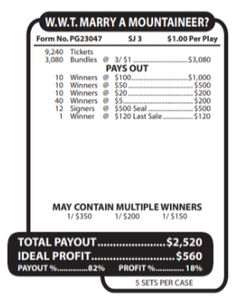 Y - Jar/Paper Pull Tab Tickets - 9240 Count Who Wants to Marry a Mountaineer *Limited Stock